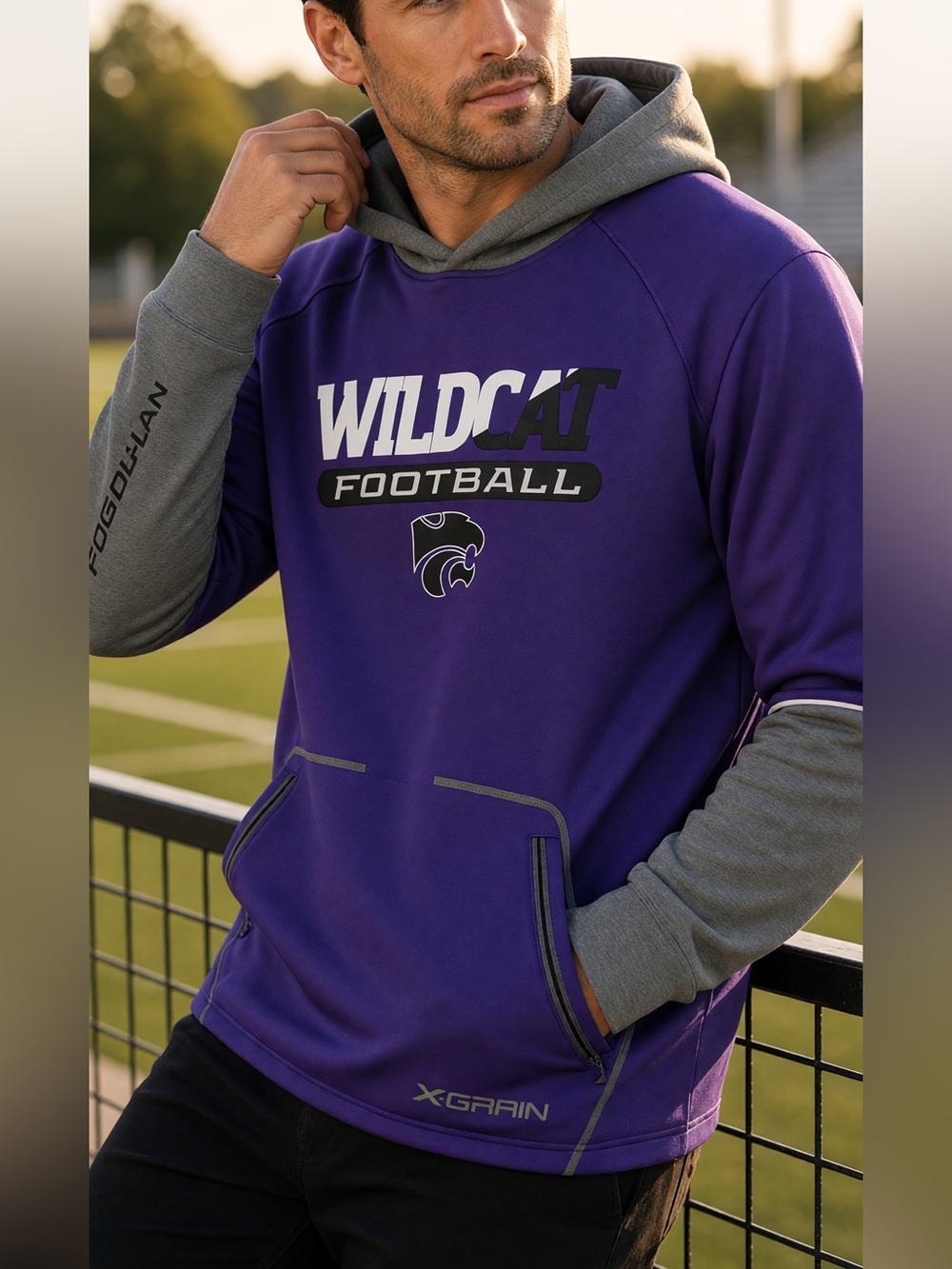X-Grain Wildcat Football Pullover Hoodie Adult XL Purple Grey Coach Boylan